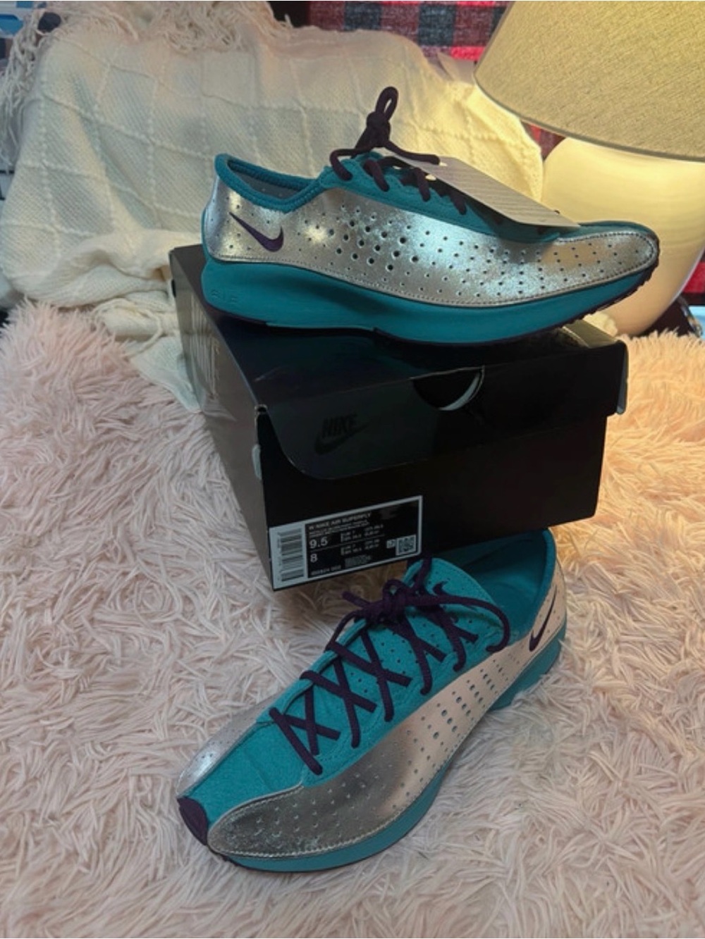 Nike Women’s Silver and Teal Athletic Running Shoes with Purple Accents